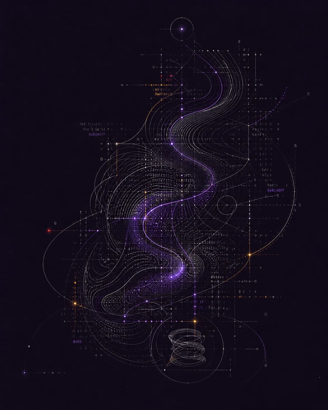 A generative code-thread composition folding through violet topographic contours and construction marks.