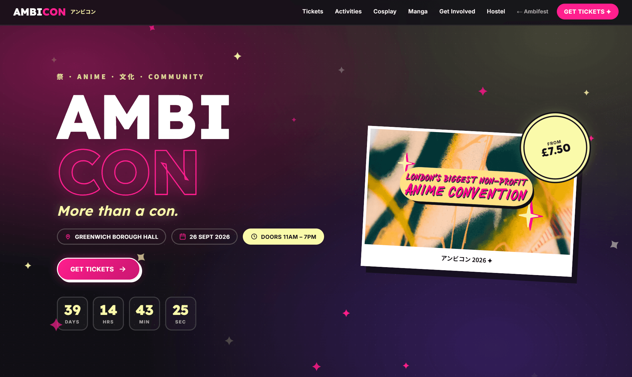 The Ambicon site — anime convention landing page with date, venue, ticket pricing and a countdown.