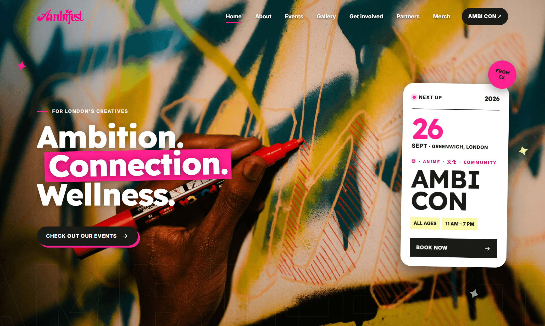 The Ambifest site — events platform for London’s creatives, with the next event carded up beside the hero.