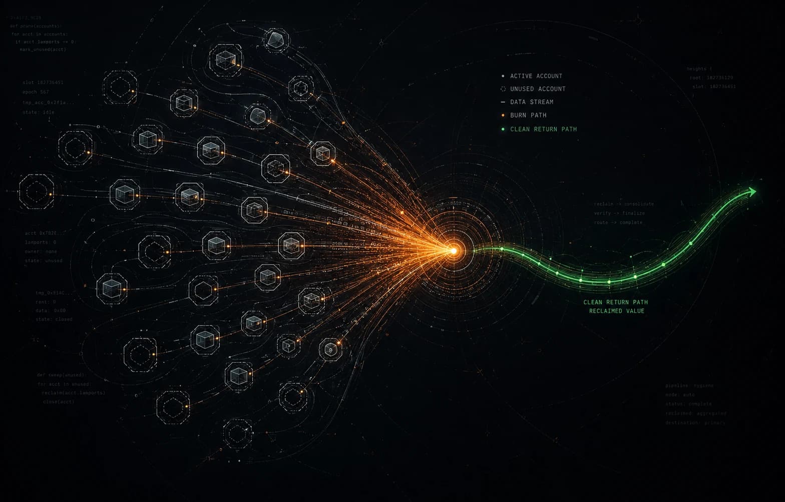 Unused account nodes converge on an amber burn point and emerge as a clean green reclaim path.