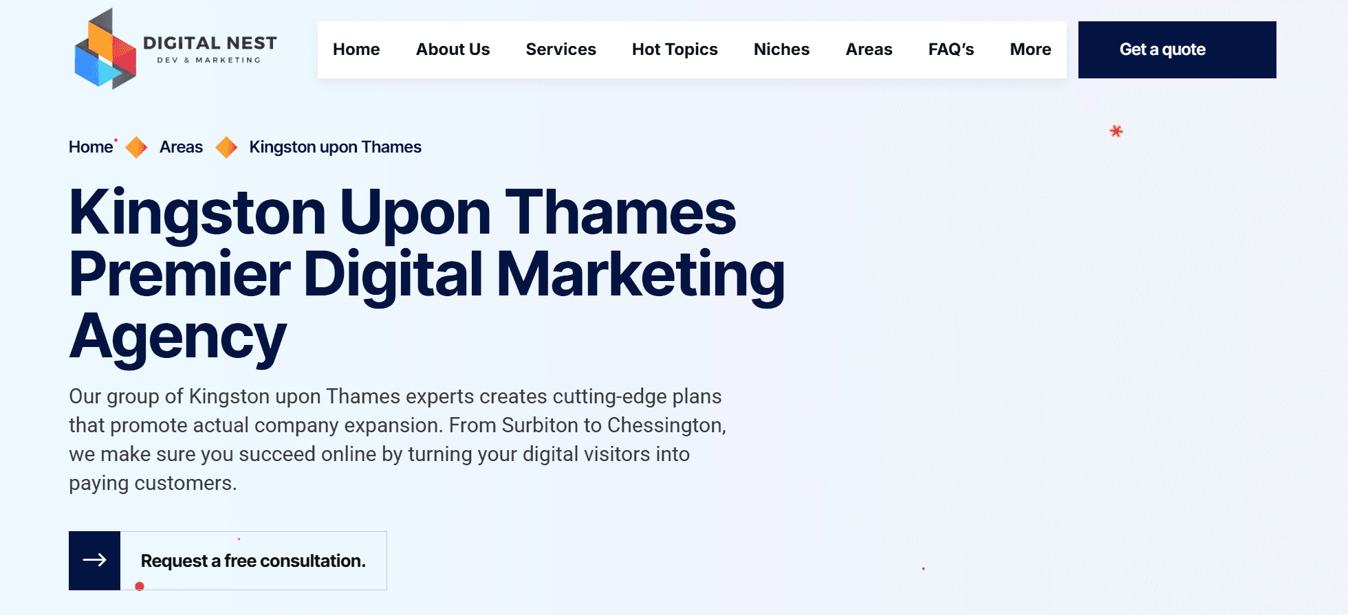 The Digital Nest site — the Kingston upon Thames area landing page, one of its per-location pages.
