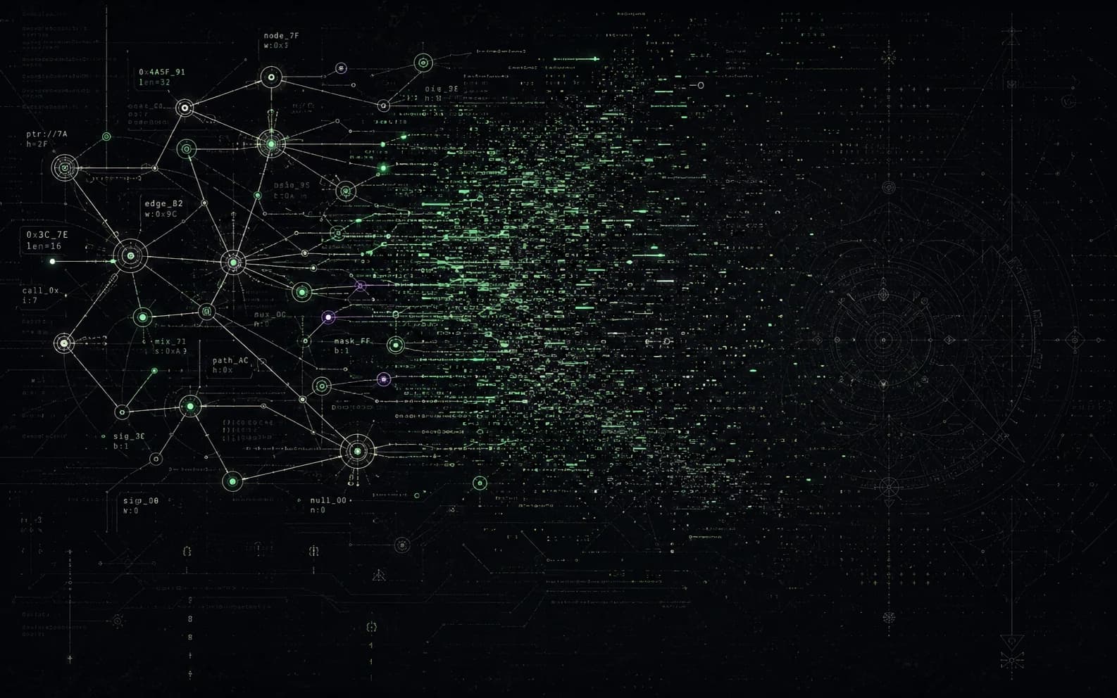A code-line network graph dissolving into encrypted static and darkness.