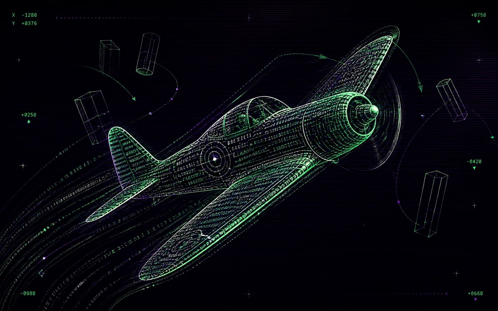 A retro fighter plane constructed from green code lines banking through arcade obstacles.